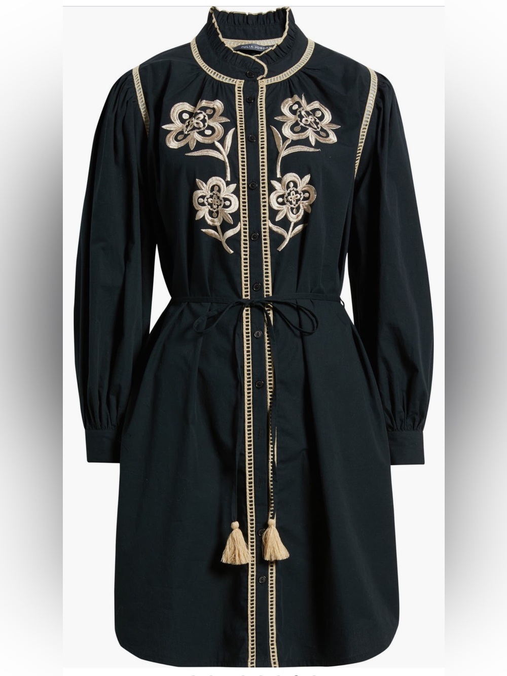 julia jordan Black Long-Sleeve Embroidered Tie-Waist Shirt Dress
